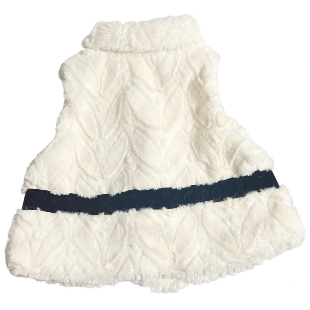 RZ by Rachel Zoe Kids White Ivory Embossed Faux Fur Vest‎ with Black Ribbon Trim